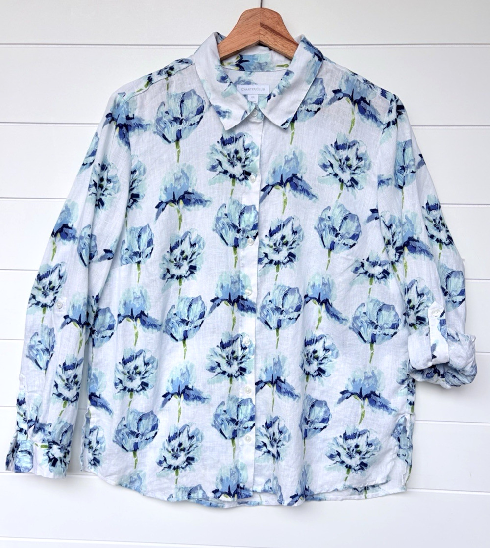 Charter Club 100% Linen Button Front Shirt Floral Watercolor White Blue Petite L